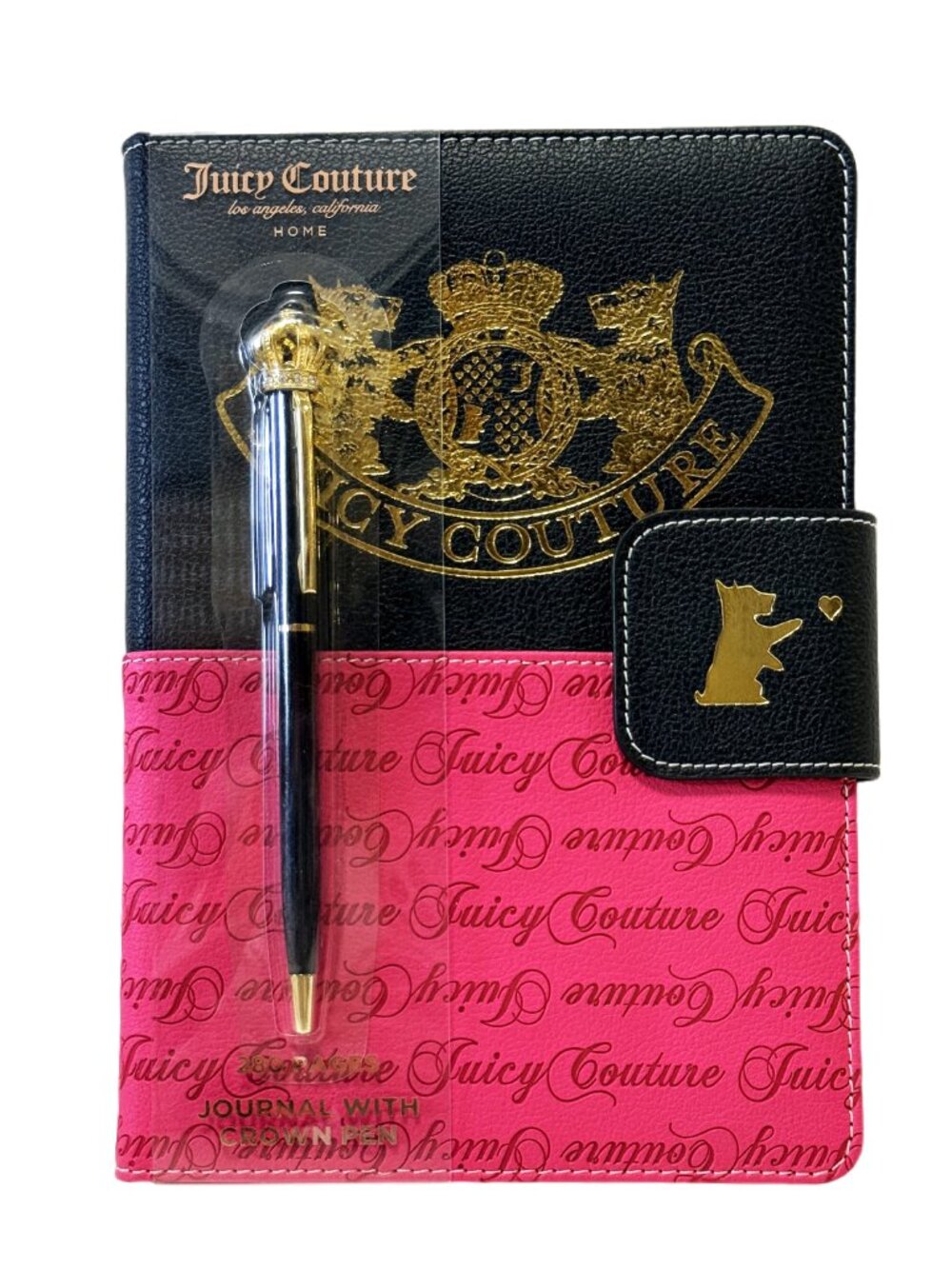 Juicy Couture Terrier Leather Journal in Black/Hot Pink with Crown Pen